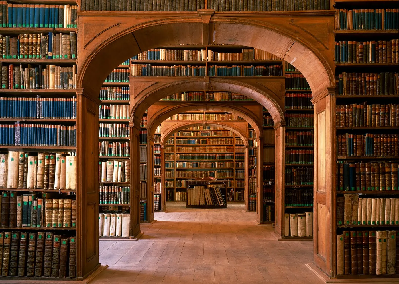 Photo of rows of books in a library with marble busts.